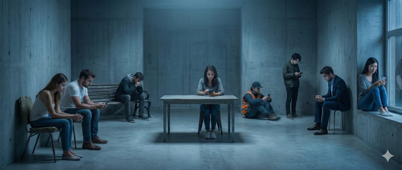 Illustration of exhausted workers at desks and on benches inside a bare concrete scam compound.